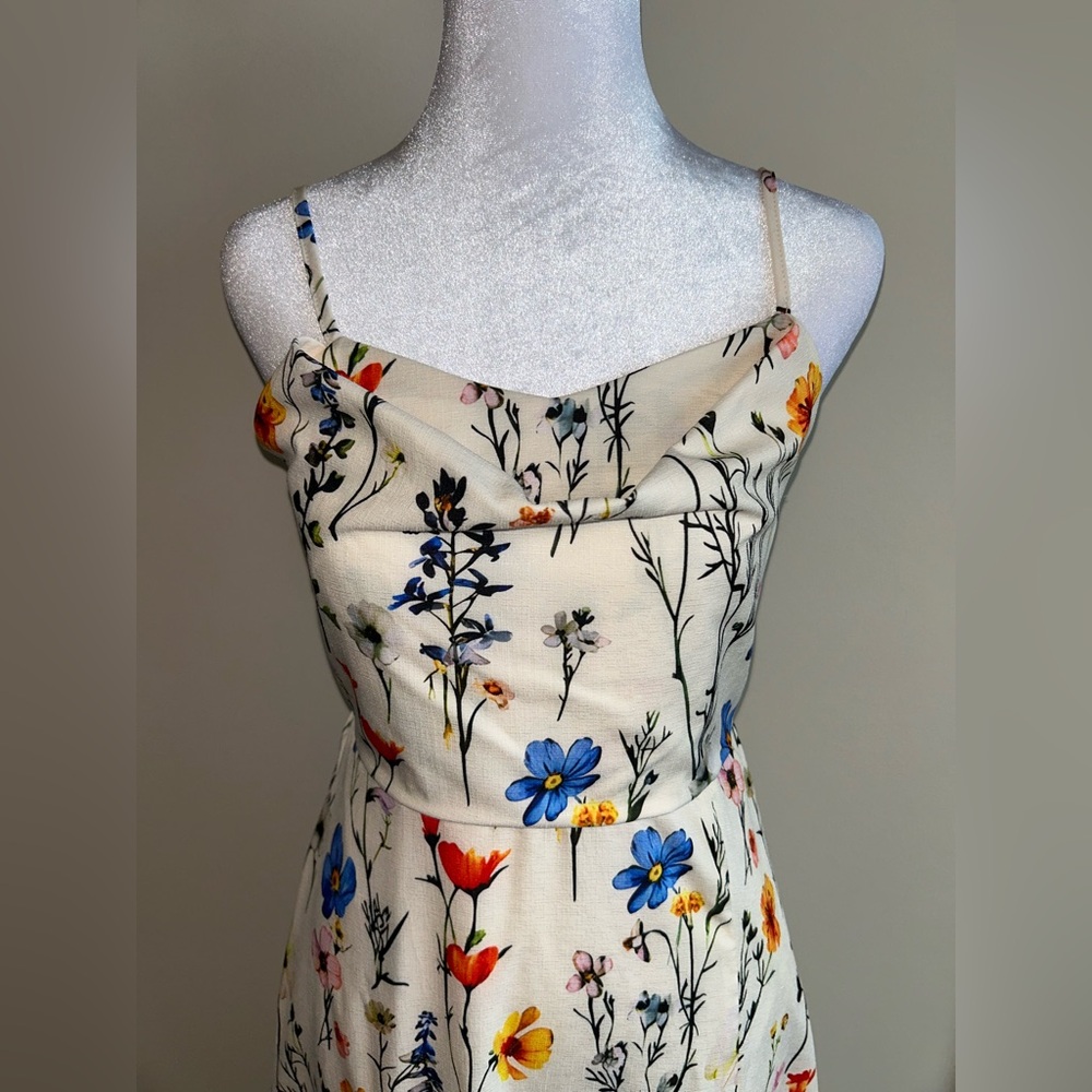 Floral Cream Midi Slip Dress with Blue & Red Blooms - Picture 2 of 4